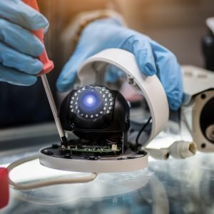 technician repairs CCTV camera on the glass cabinet . Mantenimiento preventivo y limpieza al sistema de CCTV